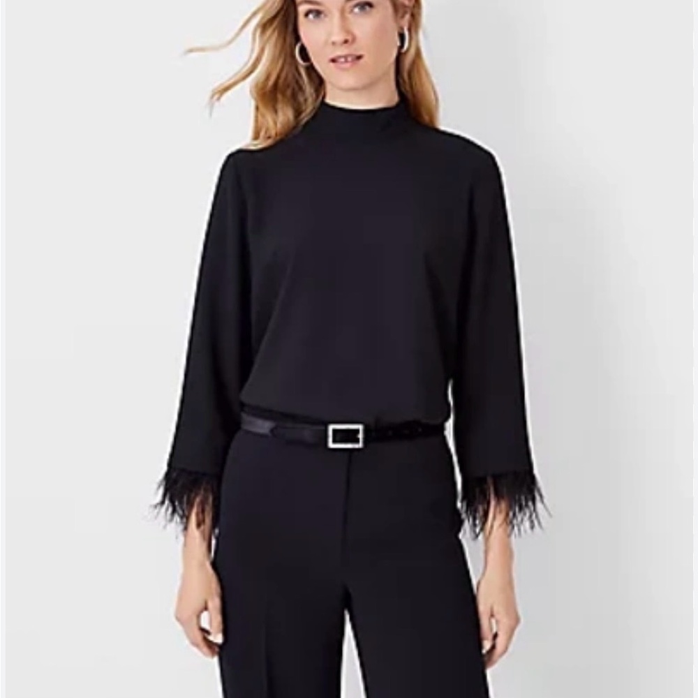 Ann Taylor Elegant Black Blouse with Feather Cuffs